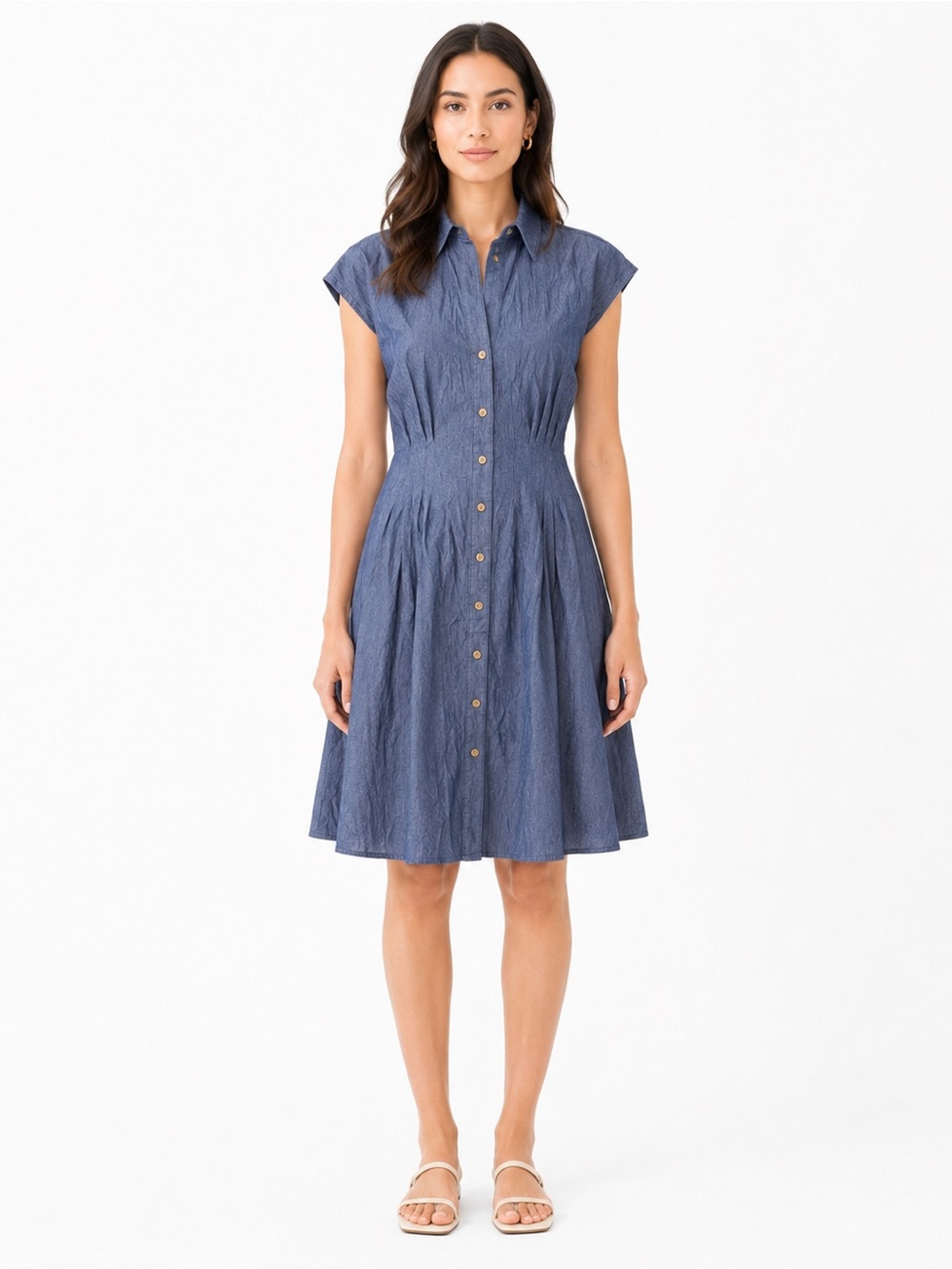 Button-Front Cap Sleeve Dress in Blue